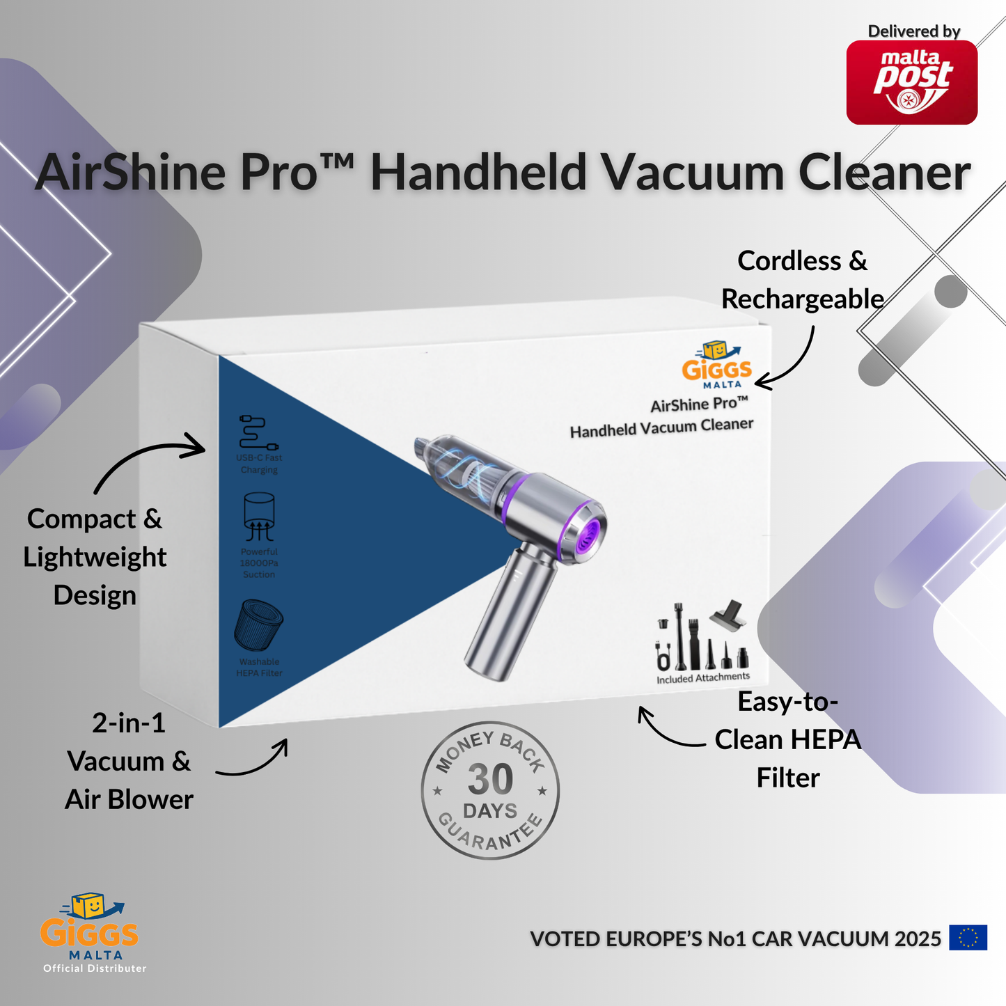 AirShine Pro™ | Voted Europe's No1 Handheld Vacuum and Air Pump of 2025 | Free delivery in Malta and Gozo